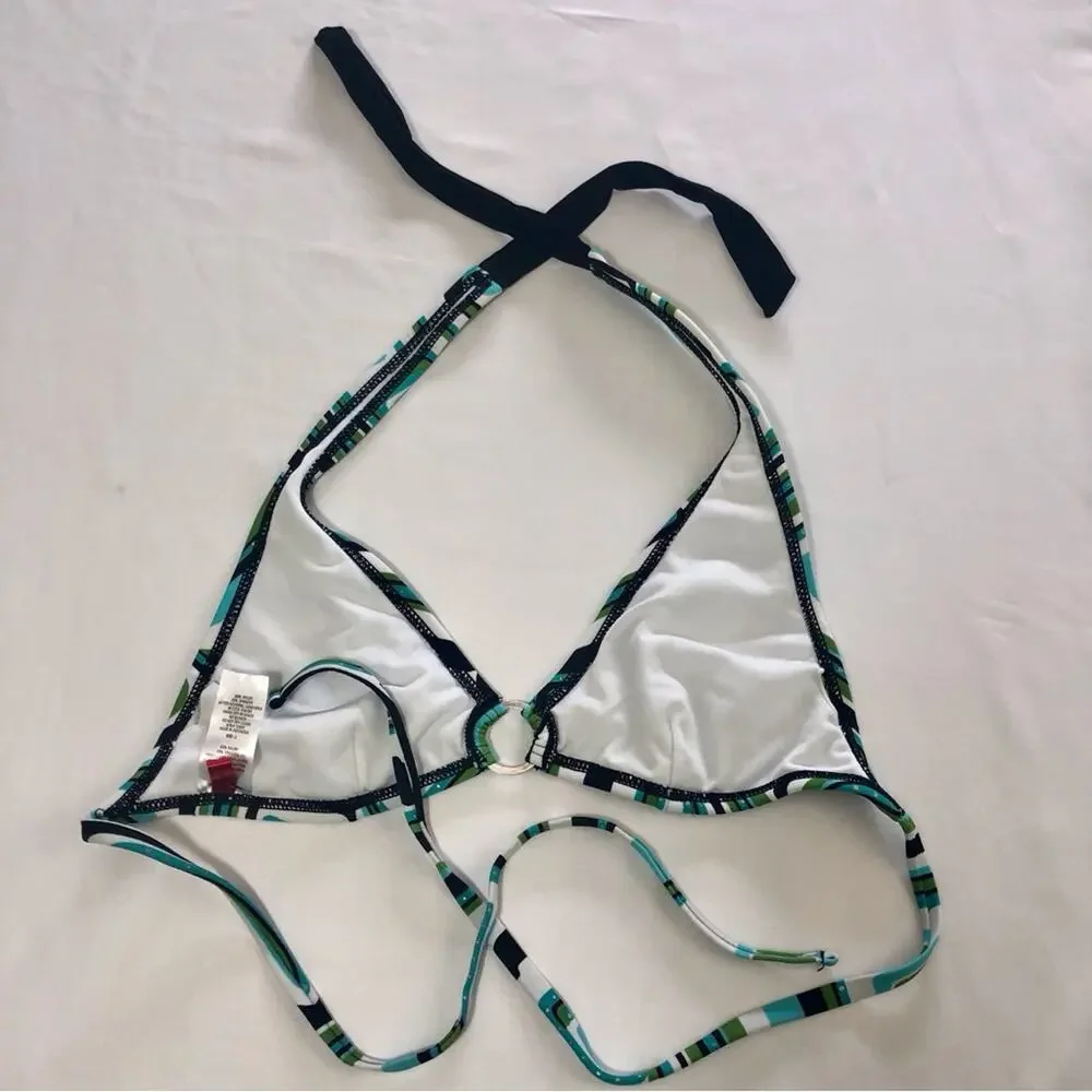 Gossip Geometric Print Triangle Bikini Silver Ring Accents Turquoise Back White